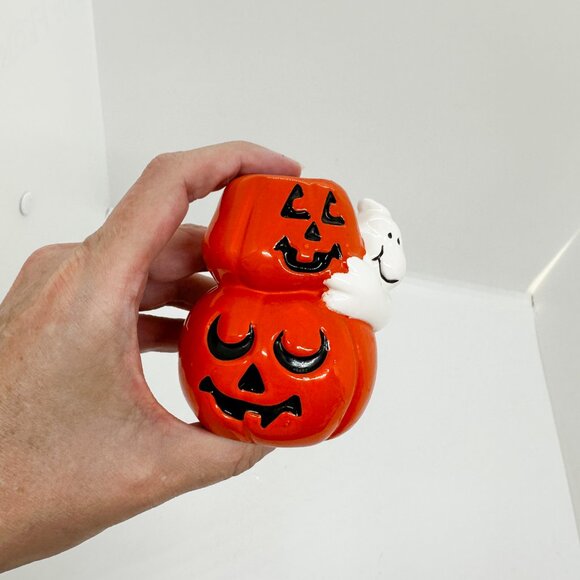 SOLD Vintage 90s AGC Ceramic Ghost Pumpkins Candle Stick Holder Halloween Spooky - Picture 6 of 8